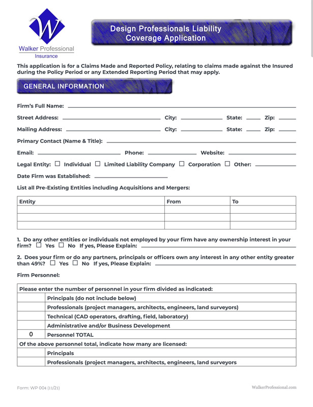 Photo of the Design Professionals Liability Coverage Application